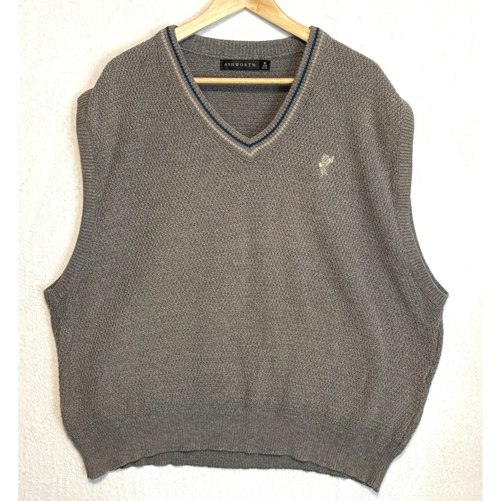 Vintage‎ Ashworth Mens XL Golf Sweater Vest Taupe Size XL Logo Preppy Old Money